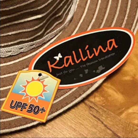 Kallina Brown White Embellished Striped Round Sun Hat - Picture 6 of 8